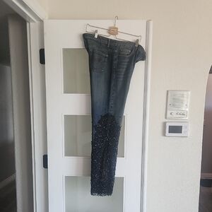 Embellished Dark Blue Flare Jeans with Lower-Leg Sequin Detail